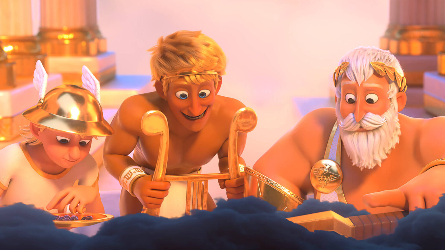 Trzech animowanych greckich bogów, w tym jeden ze skrzydlatym hełmem i drugi z białymi włosami i brodą, z ekscytacją grają razem w grę planszową przy złotym stole, otoczeni chmurami i kolumnami.