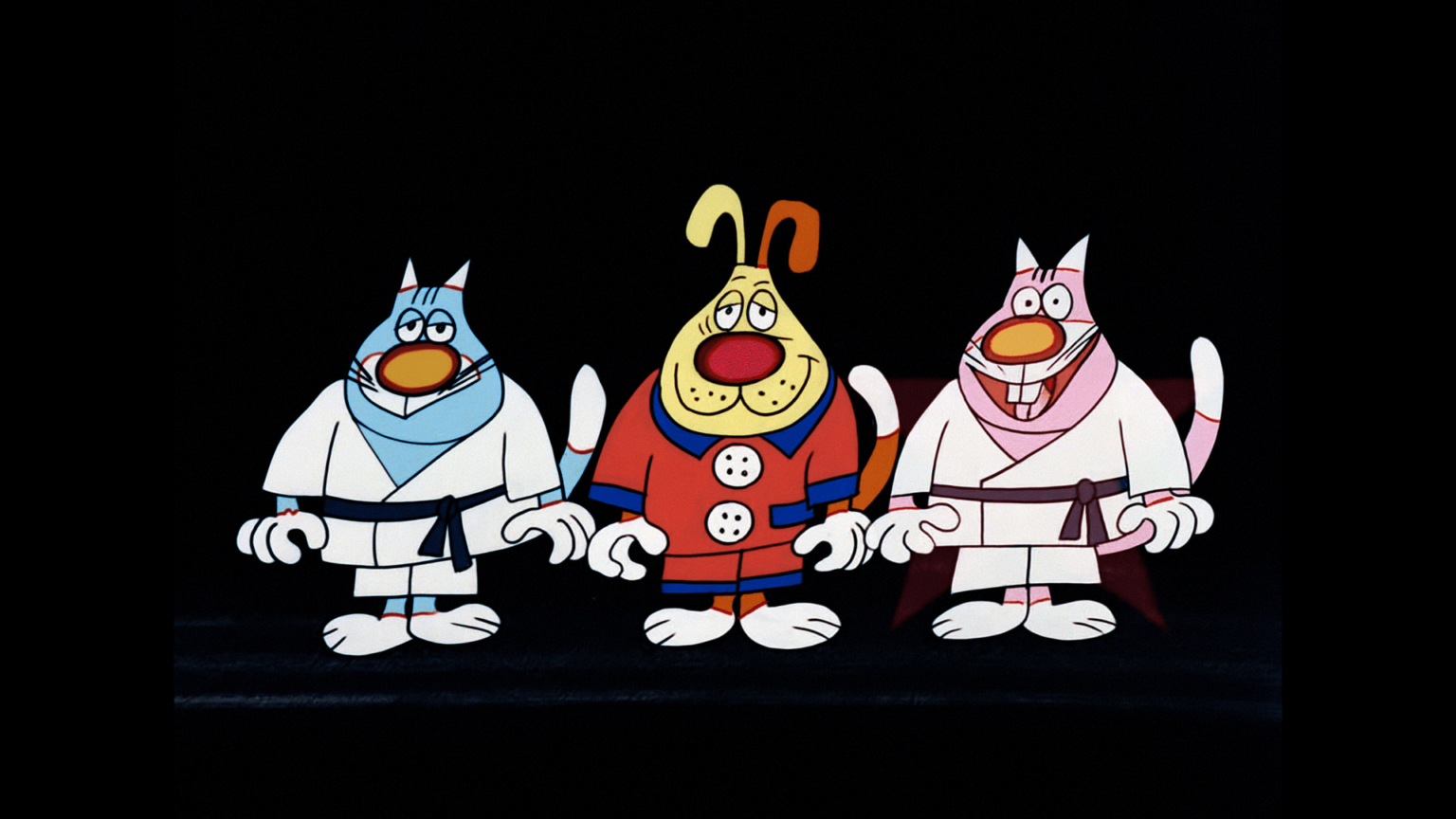 Trzy postacie z kreskówek, zwierzęta w strojach do sztuk walki, stoją na czarnym tle: dwa koty, jeden z niebieskimi akcentami, a drugi z różowymi, obok psa o żółtych i brązowych uszach, ubranego w czerwoną sierść z niebieskimi wykończeniami.