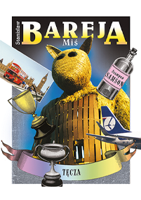 Okładka książki Miś autorstwa Stanisława Barei, stylizowana na kolaż, przedstawia dużą figurę niedźwiedzia, charakterystyczne obiekty, takie jak Big Ben i czerwony autobus, butelkę z napisem Samson, trofea, samolot i kolorową wstążkę z napisem Tęcza.