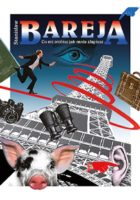 Kolaż przedstawiający biegnącego mężczyznę, Wieżę Eiffla, oko, teczkę, lornetkę, prosiaczka, ucho, książkę i wirujące czerwone linie, z napisem Bareja na górze, dużymi literami.