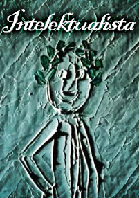 Stylizowany rysunek uśmiechniętej osoby z liściastymi włosami, obrysowany na biało na teksturowanym zielonym tle. Słowo Intelektualista pojawia się na górze eleganckim pismem.
