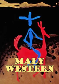 Abstrakcyjna sztuka przedstawiająca niebieską postać jadącą na jeleniu na ciemnym tle. U dołu znajduje się żółty tekst MAŁY WESTERN.