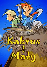 Dwóch chłopców z kreskówek, jeden z pomarańczowymi włosami trzymający lupę, siedzą na dużym gnieździe ptaka z białym ptakiem na tle błękitnego nieba. Na dole widnieje żółty tekst „Kaktus i Mały”.