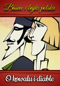 Stylizowana ilustracja przedstawiająca dwóch mężczyzn z profilu, jeden z ciemnymi włosami i wąsami, drugi blond i ogolony, z tekstem w języku polskim powyżej i poniżej na czerwonej ramce.