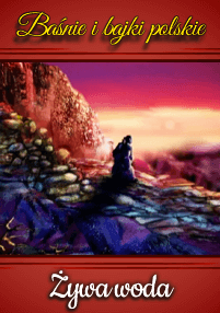 Stylizowana ilustracja postaci w ciemnym płaszczu stojącej na skalistym terenie o zachodzie słońca; tekst w języku polskim powyżej brzmi Baśnie i bajki polskie, a poniżej Żywa woda.