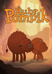 Dwa kreskówkowe bizony, jeden większy i jeden mniejszy, stoją razem w jaskini z tytułem Żubr Pompik dużymi, pomarańczowymi literami nad nimi. Ciepłe światło sączy się do jaskini z zewnątrz.
