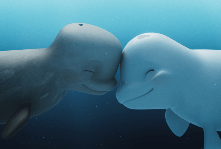 Dwa wieloryby białucha delikatnie stykają się czołami pod wodą. Oba wydają się uśmiechać z zamkniętymi oczami, co wyraża poczucie sympatii i więzi na tle błękitnego oceanu.