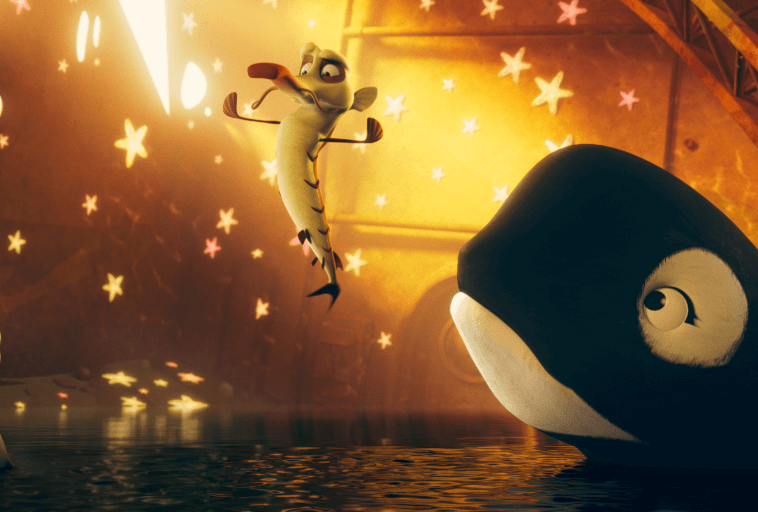 Animowana scena z zadowoloną, ruchomą rybą, która gestykuluje płetwami w powietrzu, zwrócona w stronę uśmiechniętej orki w wodzie; tło świeci światłami w kształcie gwiazd.
