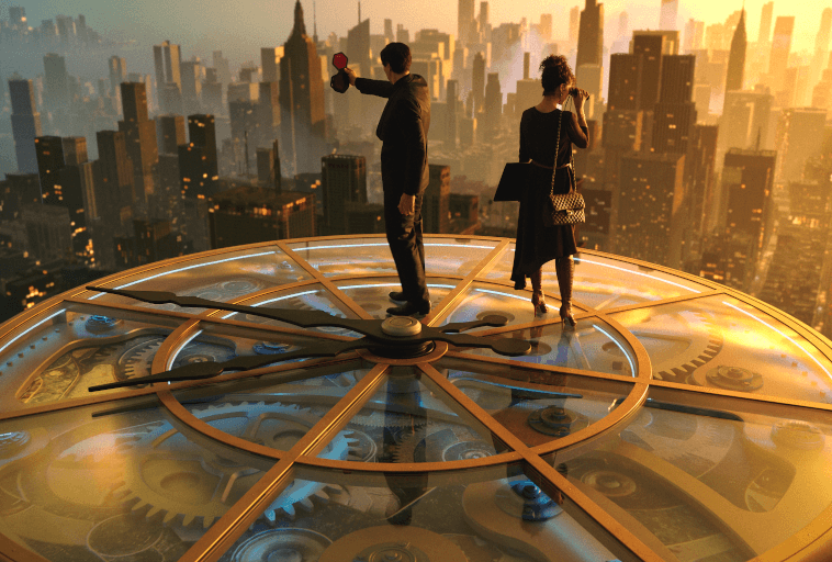 Dwie osoby stoją na gigantycznej tarczy zegara nad panoramą miasta o zachodzie słońca. Mężczyzna trzyma czerwony stoper, a kobieta patrzy przez lornetkę. Pod szklaną powierzchnią zegara widać koła zębate i mechanizmy.