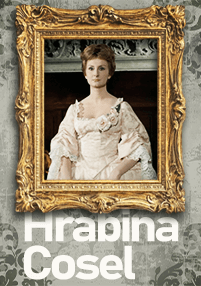 Kobieta w białej historycznej sukni pozuje do portretu w ozdobnej złotej ramie. Tło zdobią dekoracyjne wzory i tekst Hrabina Cosel na dole.