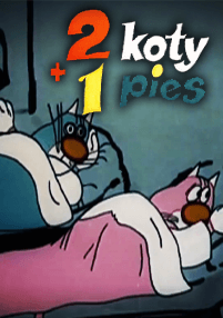 Dwa kreskówkowe koty leżą w łóżku, jeden pod niebieskim kocem, a drugi pod różowym kocem. Nad nimi kolorowy tekst brzmi 2 koty + 1 pies.