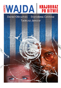 Na plakacie filmu Krajobraz po bitwie widać dwie twarze za potłuczonym szkłem z dziurami po kulach, niebieskie paski w tle oraz pogrubiony tekst z nazwiskami reżyserów i aktorów.