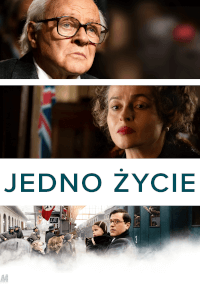 Plakat filmu Jedno Życie przedstawiający starszego mężczyznę w okularach, kobietę z krótkimi włosami i ludzi na stacji kolejowej z brytyjską flagą w tle.