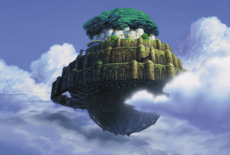 Duża, bujna, pływająca wyspa z drzewami i białymi budynkami wznosi się ponad chmury, otoczona błękitnym niebem i puszystymi białymi chmurami. Dolna połowa wyspy jest mechaniczna i przypomina fortecę.