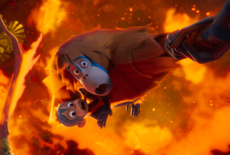 Dwie animowane małpy lgną do siebie ze strachu, otoczone płomieniami i ogniem, przy czym jedna małpa trzyma się drugiej, sprawiając wrażenie, że spadają lub uciekają przed niebezpieczeństwem.