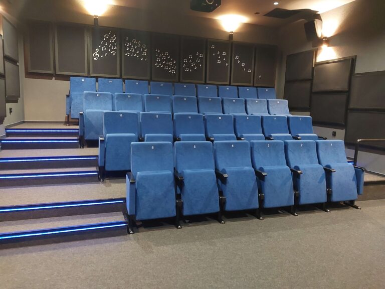 Mały teatr z rzędami niebieskich siedzeń, oświetlonymi schodami, szarym dywanem i czarnymi panelami akustycznymi na ścianach. Nad tylnymi siedzeniami widoczne są dekoracje w formie nut.