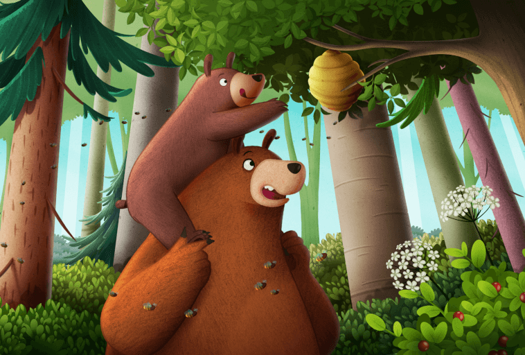 Dwa niedźwiedzie z kreskówek w lesie, z mniejszym niedźwiedziem siedzącym na ramionach większego niedźwiedzia i sięgającym po ul wiszący na gałęzi drzewa. Pszczoły latają wokół nich wśród zielonych drzew i roślin.