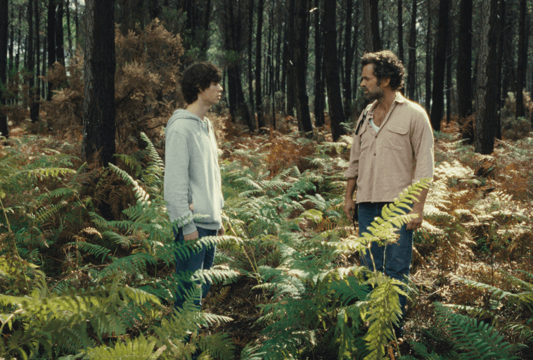 Dwie osoby stoją naprzeciwko siebie w gęstym lesie otoczonym wysokimi drzewami i zielonymi paprociami. Jedna nosi jasną bluzę z kapturem i dżinsy, druga beżową koszulę i dżinsy. Światło słoneczne przesącza się przez drzewa.