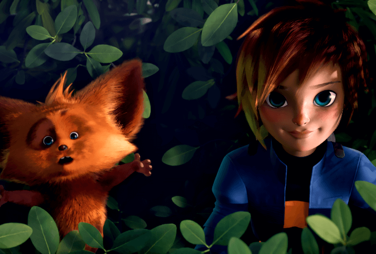 Szeroko otwartymi oczami chłopiec o brązowych włosach i małe, pomarańczowe stworzenie o szeroko otwartych uszach stoją razem w gęstych, liściastych krzakach, wyglądając na zaskoczonych i ciekawych.