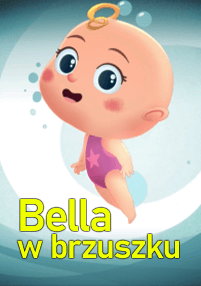Ilustracja uśmiechniętego dziecka z dużymi oczami, gwiazdą na piersi i aureolą nad głową. Dziecko jest umieszczone na niebieskim tle z tekstem Bella w brzuszku na żółto u dołu.