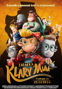 Animowany plakat filmowy przedstawiający antropomorficzne postacie zwierząt pozujące razem. Centralną postacią jest krowa w okularach i czerwonej kraciastej koszuli, mrugająca i wskazująca. Tekst tytułu i data wydania znajdują się na dole po polsku.