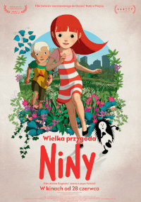 Plakat filmowy przedstawia rudowłosą dziewczynę w pasiastej sukience i blond chłopca biegnących przez kolorowe kwiaty, na tle panoramy miasta. Za nimi podąża czarno-biała, upiorna postać. Poniżej wyświetlany jest tekst w języku polskim.