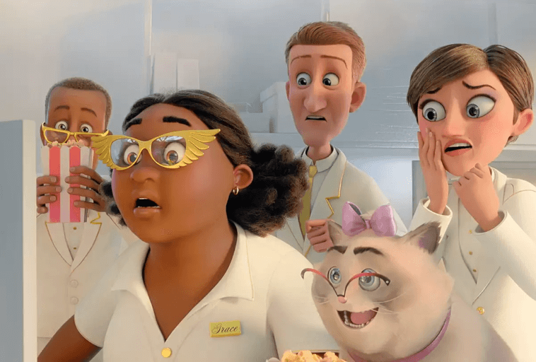 Cztery animowane postacie w białych mundurach, jedna z nich nosi złote okulary ze skrzydłami, wyglądają na zaskoczone. Przed nimi siedzi puszysty biały kot z różową kokardką, również z przestraszonym wyrazem twarzy.