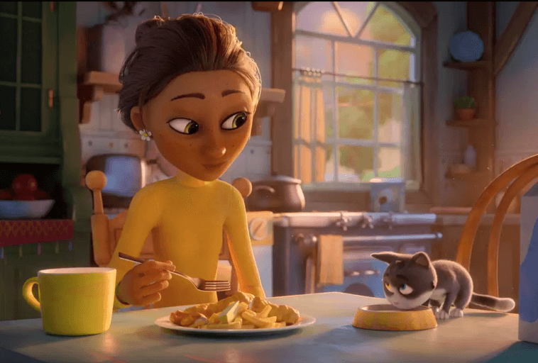Animowana kobieta w żółtym topie siedzi przy kuchennym stole, jedząc śniadanie, uśmiechając się do ciekawskiego szarego kota wąchającego blok sera w pobliżu. Promienie słońca wpadają przez okno, tworząc ciepłą, przytulną atmosferę.