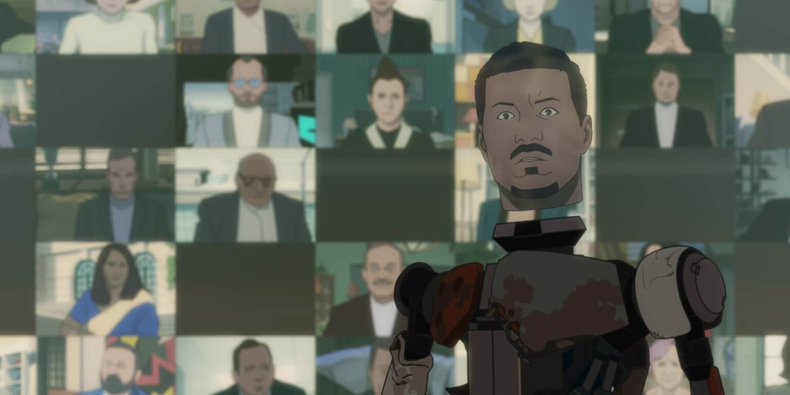 Na pierwszym planie stoi animowany robot z twarzą przypominającą ludzką. Wygląda na zaskoczonego, a na ekranach za nim pojawiają się różni ludzie, jakby uczestniczyli w wirtualnym spotkaniu.