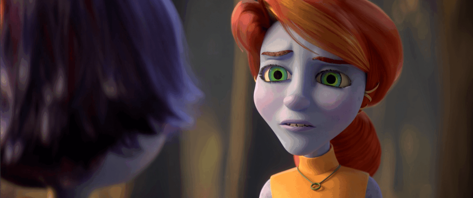 Animowana postać 3D o bladej skórze, zielonych oczach i rudych włosach spiętych do tyłu, ubrana w pomarańczowy top i naszyjnik, z niepokojem spogląda na inną postać o fioletowych włosach, której twarz jest niemal niewidoczna.