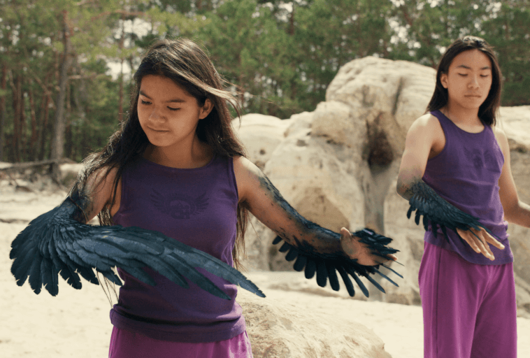 Dwoje młodych ludzi w fioletowych strojach stoi na zewnątrz wśród skał i drzew. Oboje mają czarne ptasie skrzydła zamiast ramion, wyglądają na spokojnych i skupionych, gdy patrzą w dół na swoje skrzydła.