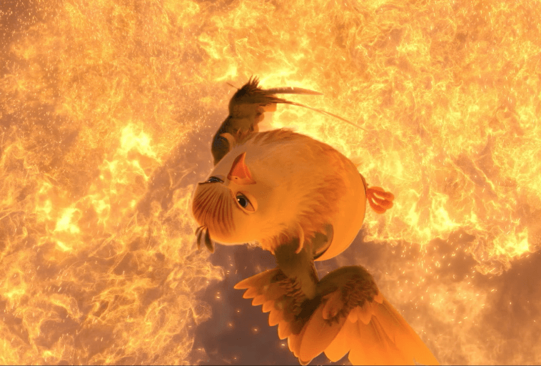 Kreskówkowy ptak z pomarańczowymi i brązowymi piórami spogląda w górę ze zdziwieniem lub strachem, gdy spada przez niebo wypełnione jasnymi, wirującymi płomieniami.