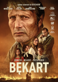 Polski plakat filmowy do filmu Bękart przedstawia zbliżenie poważnego mężczyzny nad mniejszymi wizerunkami kilku innych postaci, z płomieniami u dołu i tekstem w języku polskim.