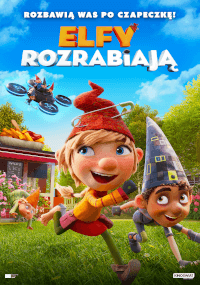 Animowany plakat przedstawiający dwa wesołe elfy, jednego w czerwonym kapeluszu i drugiego w spiczastym szarym kapeluszu, biegnące po trawie z małym budynkiem i drzewami w tle. Nad głową znajduje się latający dron z elfem. Tekst w języku polskim znajduje się na górze i pośrodku.