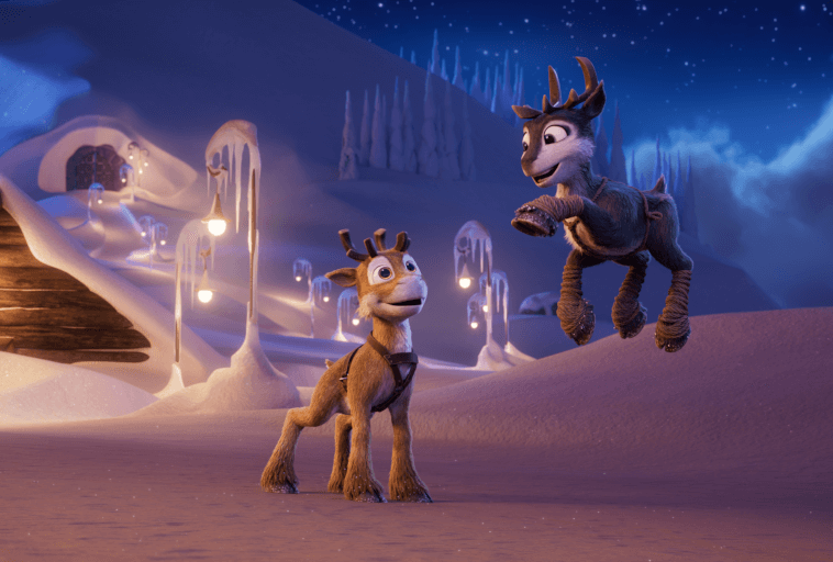 Dwa animowane renifery stoją w zaśnieżonym, nocnym krajobrazie ze świecącymi światłami i soplami, jeden uśmiechnięty, a drugi w trakcie skoku, na tle ośnieżonych wzgórz i przytulnego domku.
