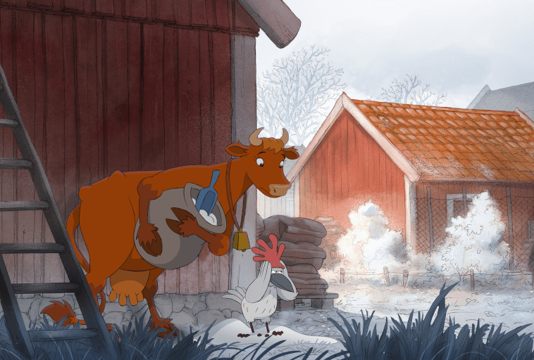 Kreskówkowa krowa z dzwonkiem i wiadrem idzie obok białego koguta trzymającego niebieską szczoteczkę do zębów. Znajdują się w pobliżu czerwonych stodół w mroźny poranek, z pokrytą szronem trawą i drzewami w tle.