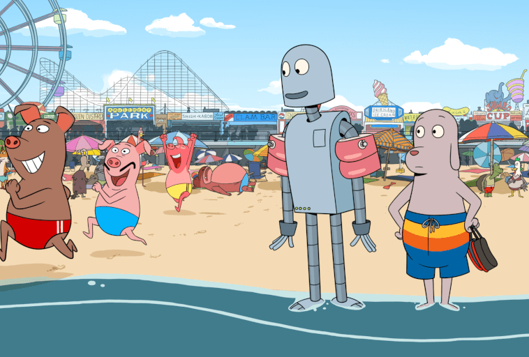 Kreskówkowe zwierzęta i robot stoją na tętniącej życiem plaży z kolejkami górskimi i przejażdżkami w wesołym miasteczku w tle. Niektóre zwierzęta mają na sobie stroje kąpielowe i pływaki, a jedno trzyma torbę nad brzegiem wody.