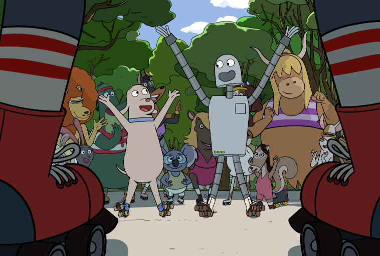 Grupa animowanych zwierząt i robot na wrotkach świętują w parku, unosząc ręce w podnieceniu, podczas gdy na pierwszym planie stoją większe postacie w czerwonych i czarnych wrotkach. W tle drzewa i błękitne niebo.