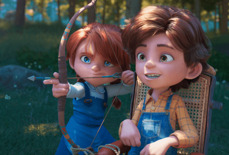 Młoda animowana dziewczyna z rudymi włosami celuje w łuk i strzały, koncentrując się, podczas gdy chłopiec z brązowymi włosami i kraciastą koszulą uśmiecha się i obserwuje ją w słonecznym, zielonym otoczeniu na zewnątrz.