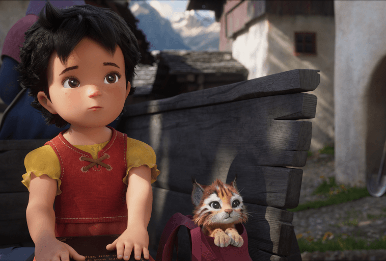 Młoda animowana dziewczyna z krótkimi ciemnymi włosami i czerwoną sukienką siedzi na drewnianej ławce obok małego, puszystego pomarańczowo-białego kotka w torbie, z domami i górami w tle.