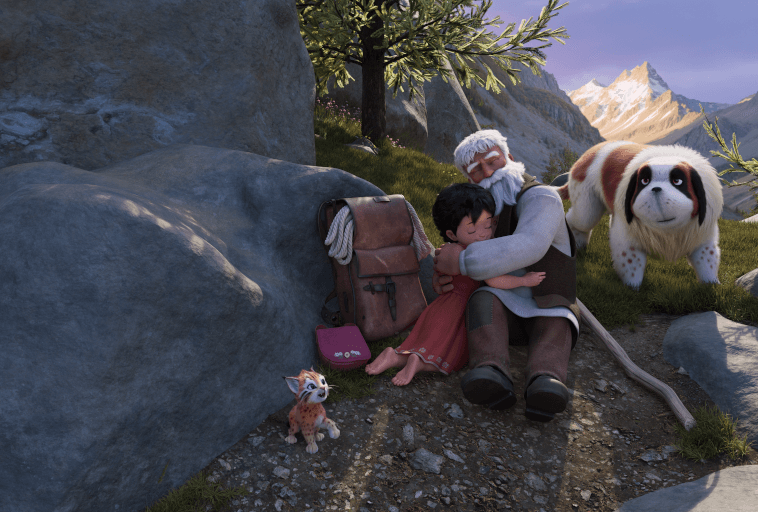 Starszy mężczyzna przytula młodą dziewczynę, siedząc na ziemi przy dużych skałach. W pobliżu stoi duży pies, a na ziemi leży mały kot i plecak. W tle widoczne są góry i drzewa.