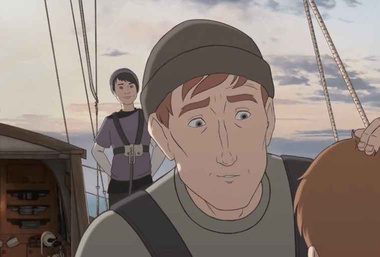 Animowana scena przedstawia mężczyznę w czapce, patrzącego na kogoś przed sobą i dotykającego jego głowy. W tle inna osoba stoi na pokładzie łodzi, uśmiechając się, z niebem o zachodzie słońca.